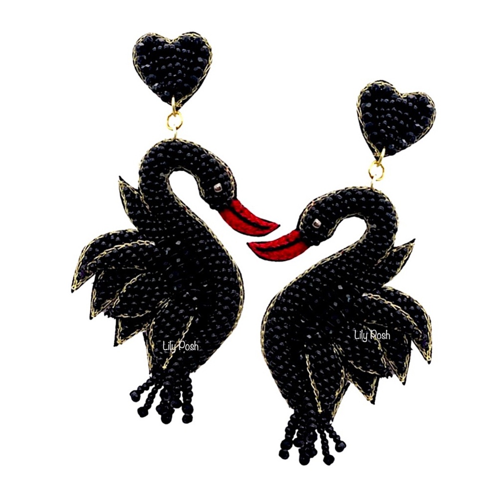 Lily Posh Beaded Swan Earring, Seed Bead White Swan Black Swan Earring - Picture 3 of 4